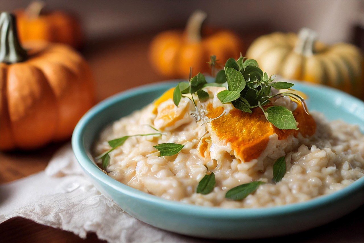 Risotto alla zucca con speck croccante, servito in un piatto bianco decorato con prezzemolo.