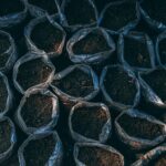 Un sacco di concime inappropriato per l'orto, con etichette avvertenti sul rischio per le piante.